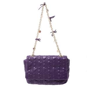 Pre Owned CH Carolina Herrera Purple Monogram Leather Chain Flap Bag