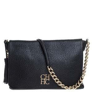 CH Carolina Herrera Black Leather Tassel Messenger Bag