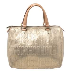 Carolina Herrera Metallic Gold Monogram Leather Andy Boston Bag           
