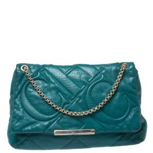 Pre Owned Carolina Herrera Green CH Embossed Leather Flap Chain Shoulder Bag