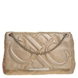 Pre Owned Carolina Herrera Metallic Gold Leather Flap Shoulder Bag