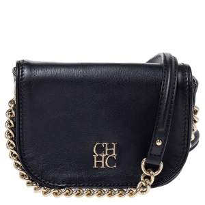 Pre Owned Carolina Herrera Black Leather Flap Crossbody Bag
