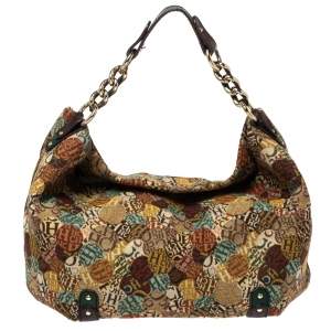 Pre Owned Carolina Herrera Multicolor Signature Print Fabric and Leather Hobo