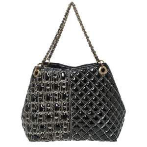 Pre Owned Carolina Herrera Black Monogram Patent Leather Shoulder Bag