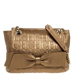 Pre Owned Carolina Herrera Gold Monogram Leather Audrey Shoulder Bag