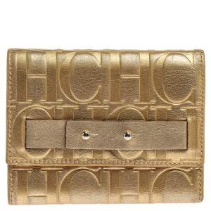 Pre Owned Carolina Herrera Metallic Gold Monogram Leather Trifold Wallet