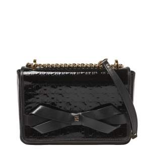 Pre Owned CH Carolina Herrera Black Patent Leather Monogram Embossed Bow Shoulder Bag