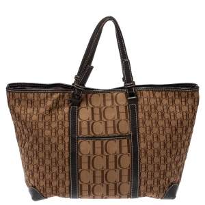 Pre Owned Carolina Herrera Brown Canvas and Leather Monogram Shopper Tote