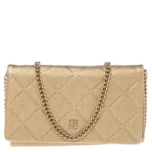 Pre Owned Carolina Herrera Metallic Gold Quilted Leather Flap Chain Shoulder Bag
