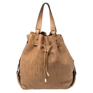 Pre Owned CH Carolina Herrera Brown Monogram Leather Drawstring Hobo