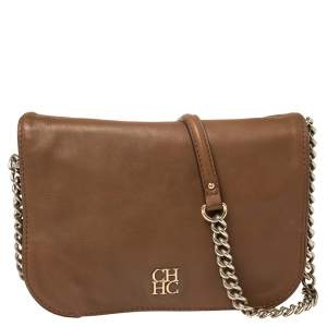 Pre Owned Carolina Herrera Brown Leather Flap Shoulder Bag
