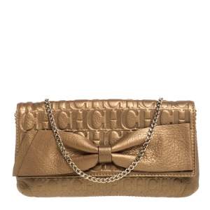 Pre Owned Carolina Herrera Metallic Gold Monogram Leather Audrey Crossbody Bag