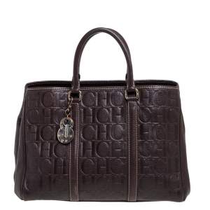 Pre Owned Carolina Herrera Brown Monogram Leather Matteo Tote