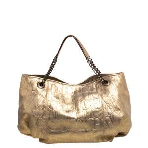 Pre Owned Carolina Herrera Gold Monogram Embossed Leather Chain Handle Tote
