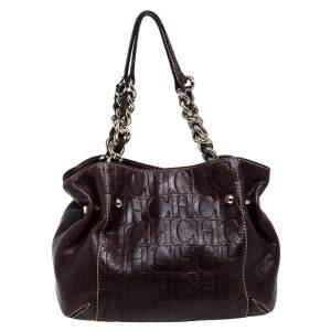 Pre Owned Carolina Herrera Dark Brown Monogram Embossed Leather Chain Shoulder Bag