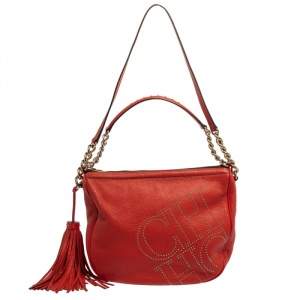 Pre Owned Carolina Herrera Red Studded Logo Leather Tassel Shoulder Bag