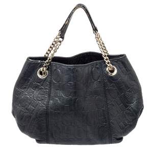 Pre Owned CH Carolina Herrera Black Monogram Leather Poppy Tote