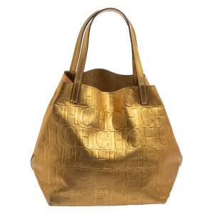 Pre Owned Carolina Herrera Gold Monogram Leather Matryoshka Tote