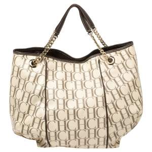 Pre Owned Carolina Herrera Brown/White Monogram Coated Canvas Chain Tote