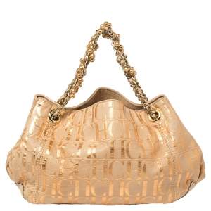 Pre Owned Carolina Herrera Beige Monogram Suede Chain Handle Tote