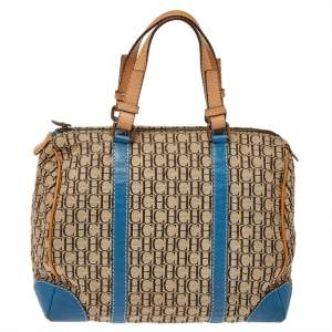 Pre Owned Carolina Herrera Beige Signature Canvas and Leather Andy Boston Bag