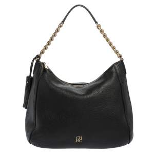 Pre Owned Carolina Herrera Black Pebbled Leather Hobo