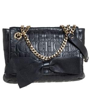 Pre Owned Carolina Herrera Black Monogram Leather Audrey Shoulder Bag