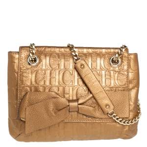 Pre Owned Carolina Herrera Gold Monogram Leather Audrey Shoulder Bag