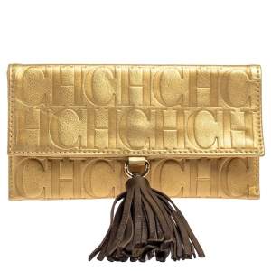 Pre Owned Carolina Herrera Gold Monogram Leather Tassel Clutch