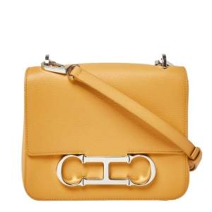 Pre Owned CH Carolina Herrera Mustard Leather Initials Insignia Shoulder Bag
