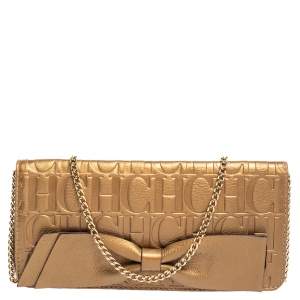 Pre Owned Carolina Herrera Gold Monogram Embossed Leather Bow Chain Clutch 