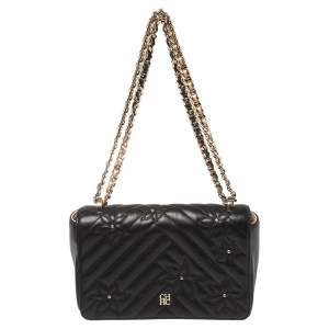 Pre Owned CH Carolina Herrera Black Quilted Floral Leather Flap Chain Shoulder Bag
