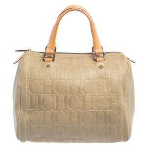 Pre Owned Carolina Herrera Light Beige Embossed Leather Andy Boston Bag