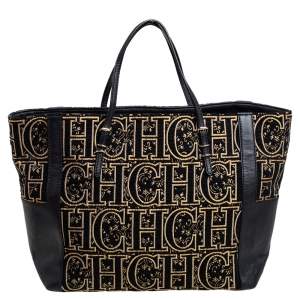 Pre Owned CH Carolina Herrera Black/Gold Leather, Fabric Tote