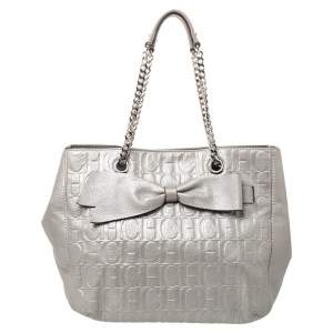 Pre Owned CH Carolina Herrera Silver Embossed Leather Audrey Tote