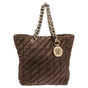 Pre Owned CH Carolina Herrera Brown Quilted Satin Chain Handle Tote
