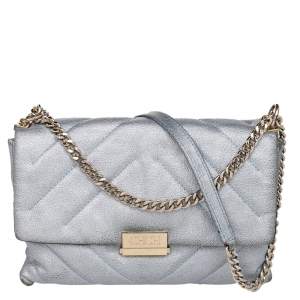 Pre Owned CH Carolina Herrera Metallic Grey Quilted Leather Flap Shoulder Bag