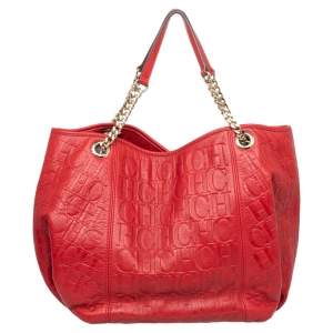 Pre Owned CH Carolina Herrera Red Monogram Embossed Leather Chain Handle Tote