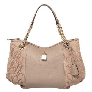 Pre Owned CH Carolina Herrera Beige Monogram Leather Dahlia Satchel