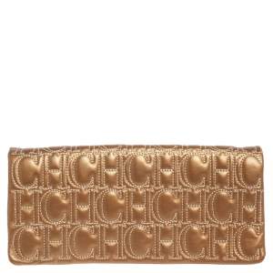 Pre Owned CH Carolina Herrera Gold Monogram Leather Clutch
