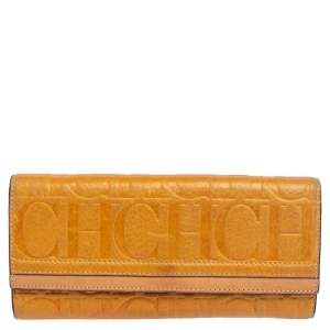 Pre Owned CH Carolina Herrera Yellow Monogram Leather Continental Wallet
