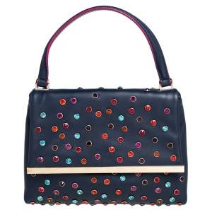 Pre Owned CH Carolina Herrera Navy Blue Leather Studded Top Handle Bag