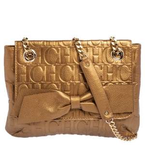 Pre Owned CH Carolina Herrera Gold Monogram Leather Audrey Shoulder Bag