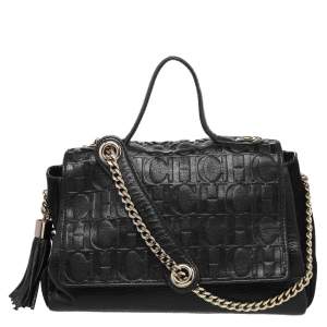 Pre Owned CH Carolina Herrera Black Monogram Leather Flap Top Handle Bag