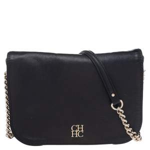 Pre Owned CH Carolina Herrera Black Leather Flap Shoulder Bag