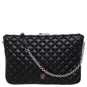 Pre Owned CH Carolina Herrera Black Quilted Leather Flap Chain Shoulder Bag