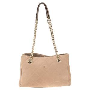 Pre Owned Carolina Herrera Beige Quilted Nubuck Leather Chain Shopper Tote