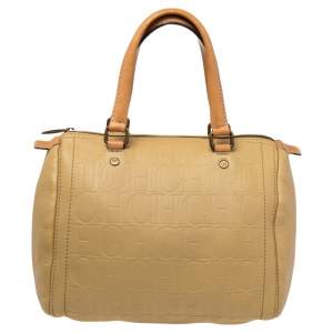 Pre Owned CH Carolina Herrera Beige Embossed Leather Andy Boston Bag