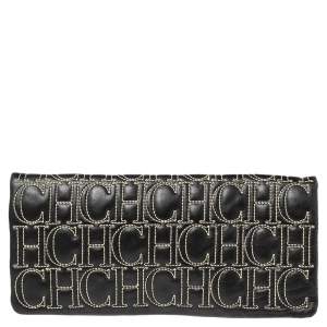 Pre Owned CH Carolina Herrera Black Monogram Leather Clutch