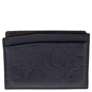 Pre Owned CH Carolina Herrera Navy Blue Monogram Leather Card Holder 